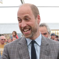 Prince William wearing a plaid gray suit and laughing