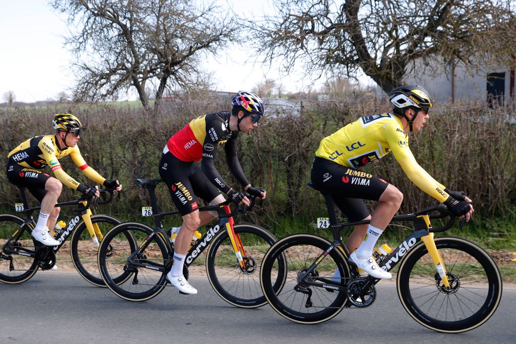 DUNLEPALESTEL FRANCE MARCH 08 LR Wout Van Aert of Belgium and Christophe Laporte of France and Team Jumbo Visma Yellow Leader Jersey compete during the 80th Paris Nice 2022 Stage 3 a 191km stage from Vierzon to DunlePalestel ParisNice WorldTour on March 08 2022 in DunlePalestel France Photo by Bas CzerwinskiGetty Images