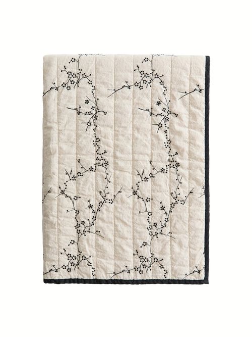 Embroidery-detail linen-blend bed throw