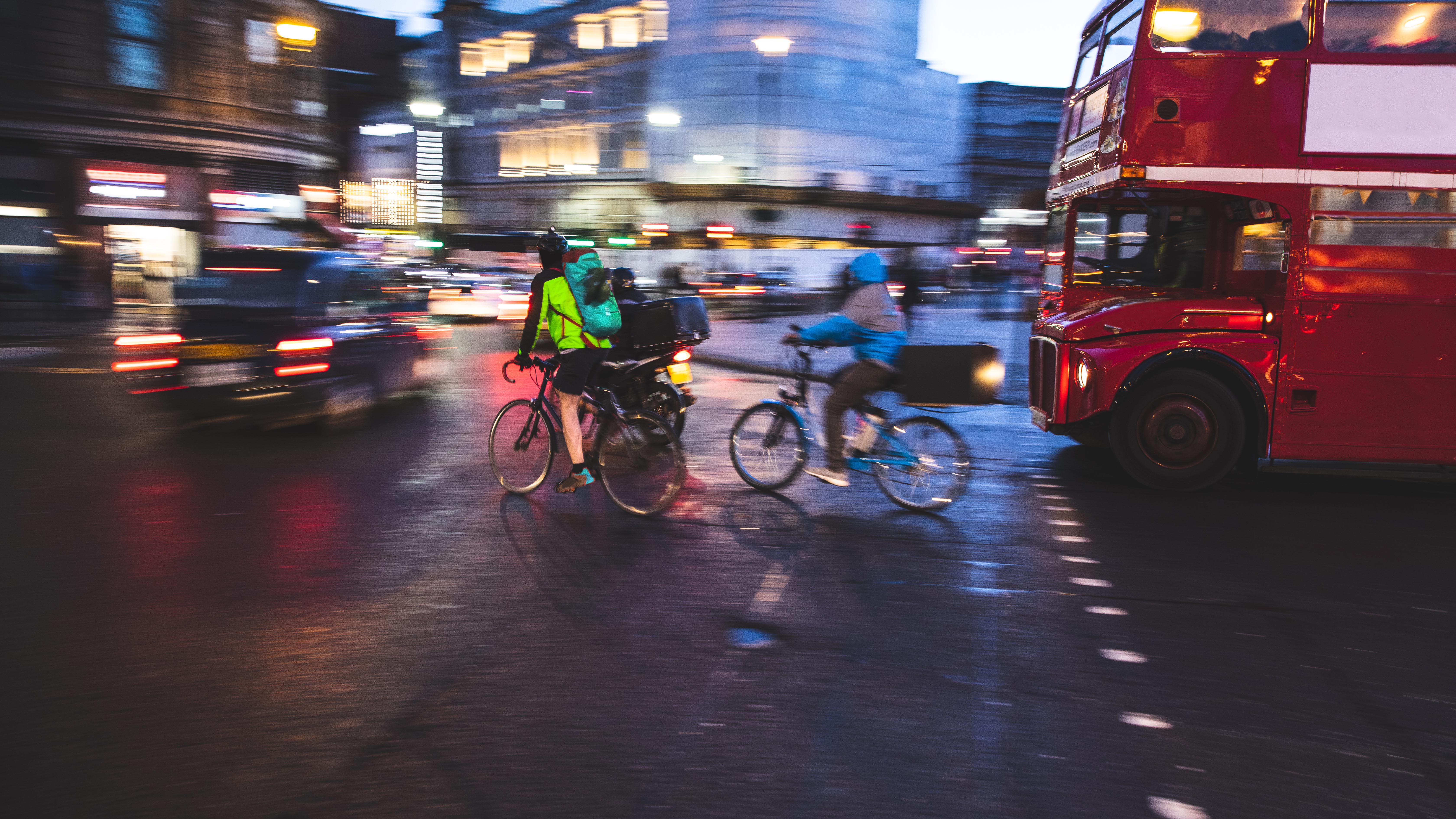 Cyclists at night in the city