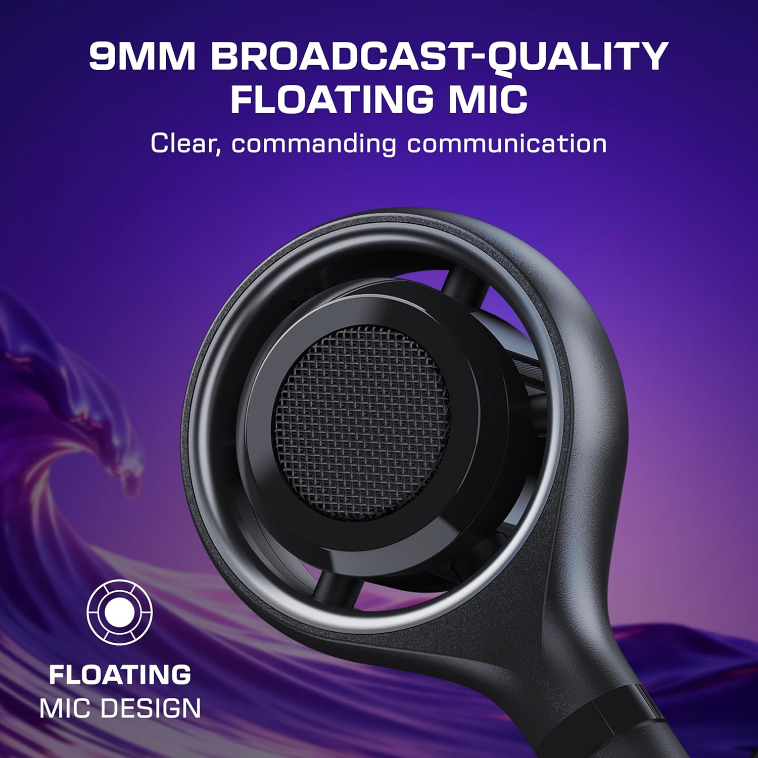 Close-up of a sleek black 9mm floating microphone on a purple background. Text highlights its broadcast-quality for clear communication. Sleek and modern design.