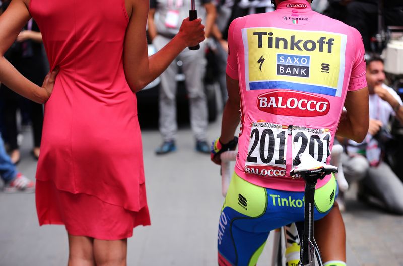 Rider number 201 and maglia rosa, Alberto Contador (Tinkoff-Saxo)