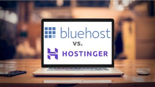 Bluehost and Hostinger logo on a laptop screen on a desk