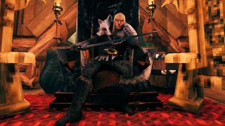 Valheim viking sitting on a black iron throne with a sword and wolf pelt
