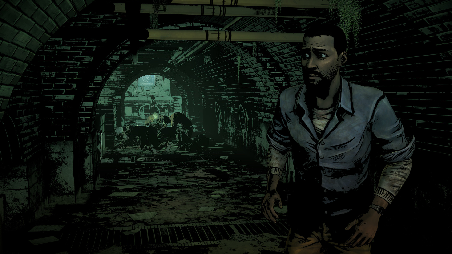 Lee looks back in fear as he walks down a darkened sewer tunnel
