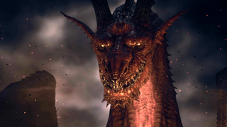 A vicious dragon looms in Dragon's Dogma 2, a wicked smile on its fanged maw.