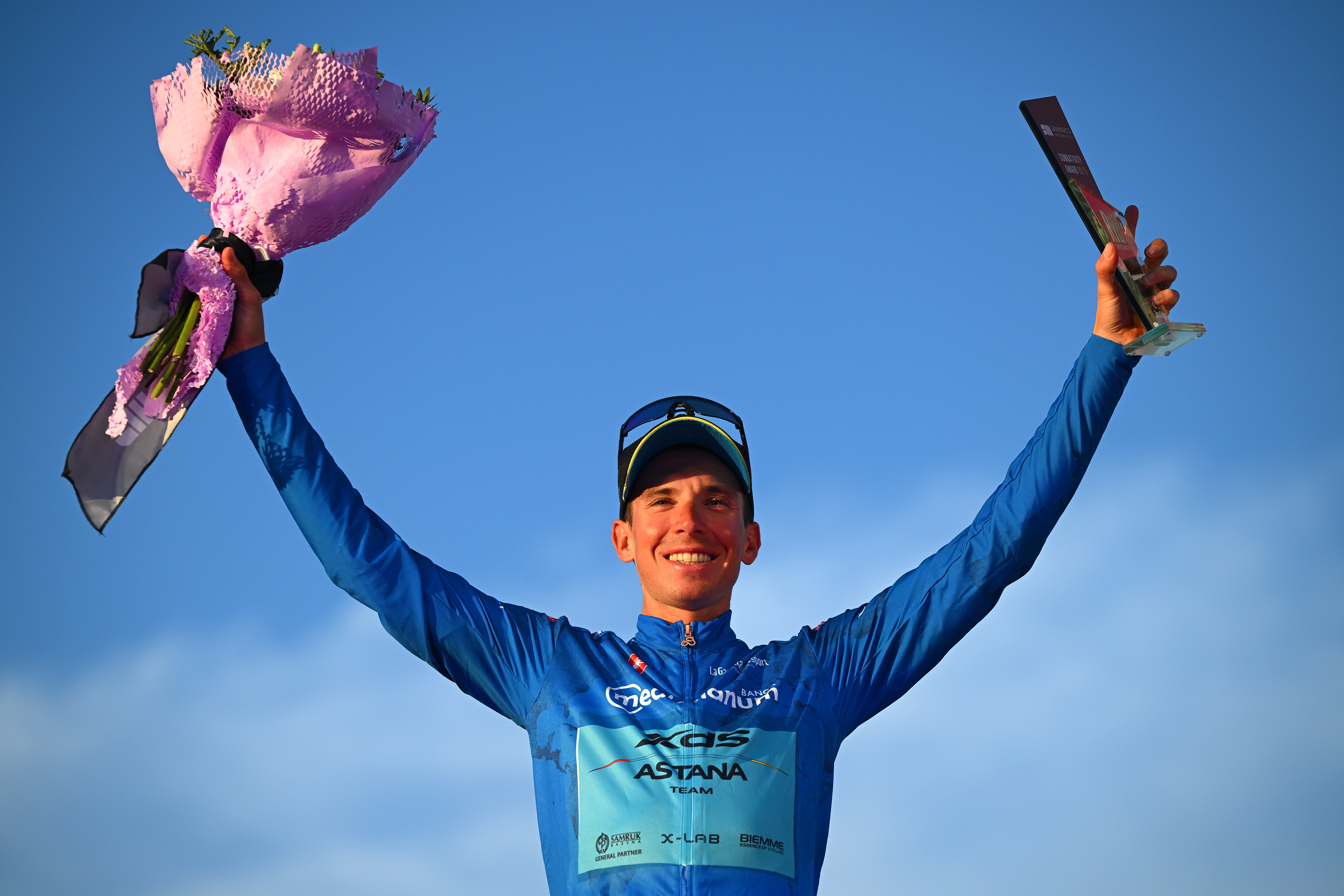 ROME, ITALY - JUNE 01: Lorenzo Fortunato of Italy and Team XDS Astana celebrates at podium as Blue Mountain Jersey winner during the 108th Giro d&amp;amp;apos;Italia 2025, Stage 21 a 144.8km stage from Rome to Rome / #UCIWT / on June 01, 2025 in Rome, Italy. (Photo by Tim de Waele/Getty Images)