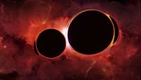 Two large dark holes are seen close together against a red glowing cosmic background
