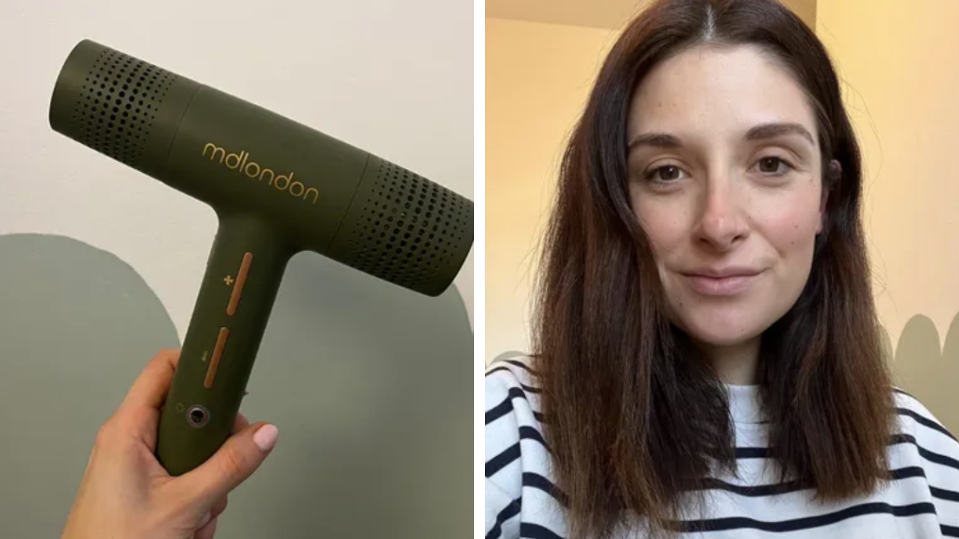 On the left, is a close-up of Beauty Editor, Jess Beech&#039;s hand holding up the mdlondon BLOW professional hair dryer, and on the right, is a bit of Jess, showing the results from using it on her hair.