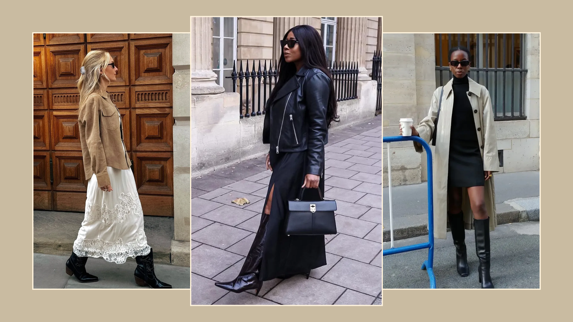 An image of boots to wear with mini, midi and maxi dresses. 