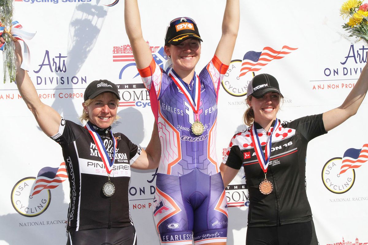 Womens podium: Laura Van Gilder (Mellow Mushroom Racing), Lauretta Hanson (Fearless Femme p/b Haute Wheels Racing) and Colleen Hayduk (Argon18Racing p/b November &amp; Fast Freddie)