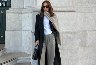 Elegant white tee and gray pants outfit