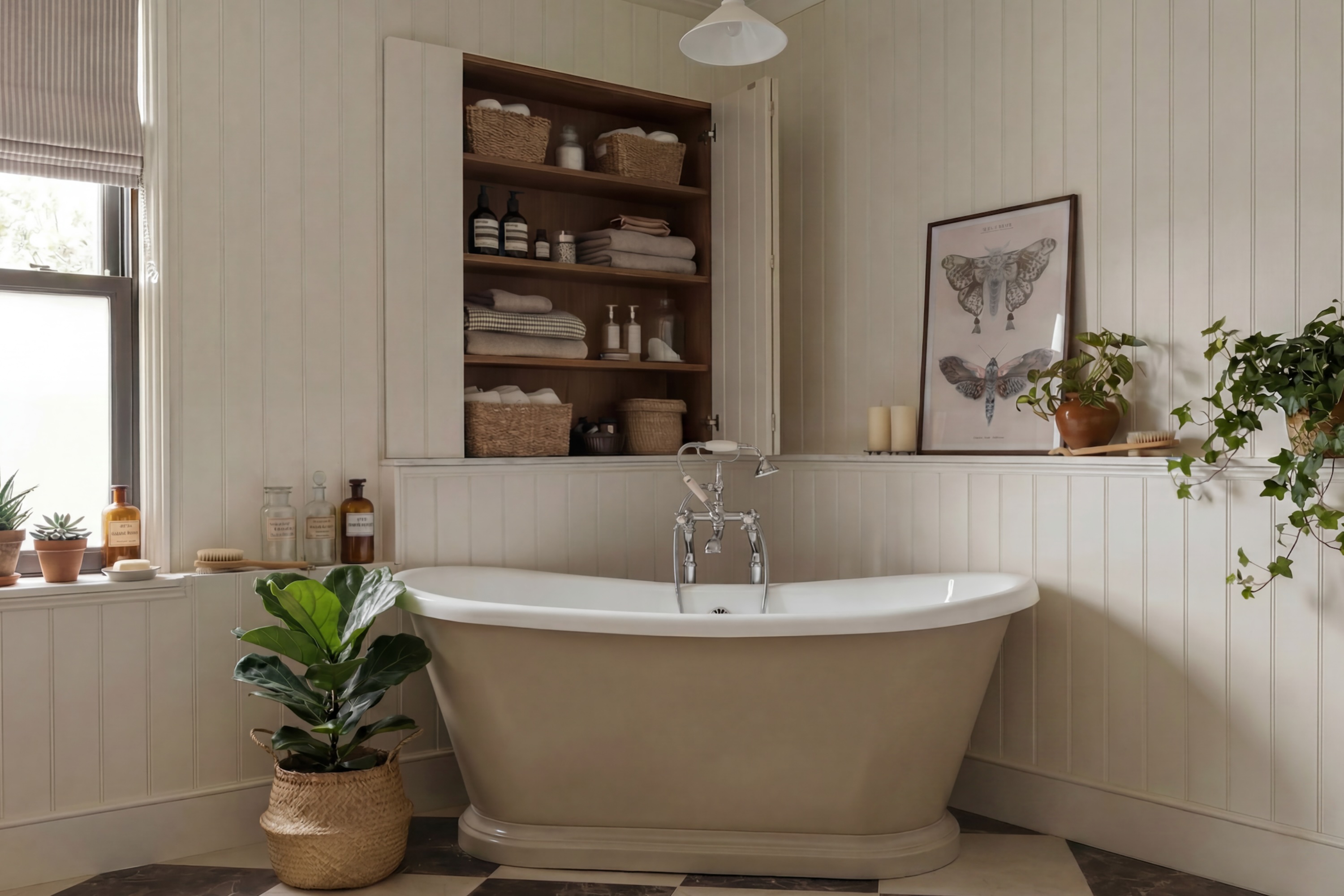 freestanding bath with hidden wall storage in white wood clad bathroom
