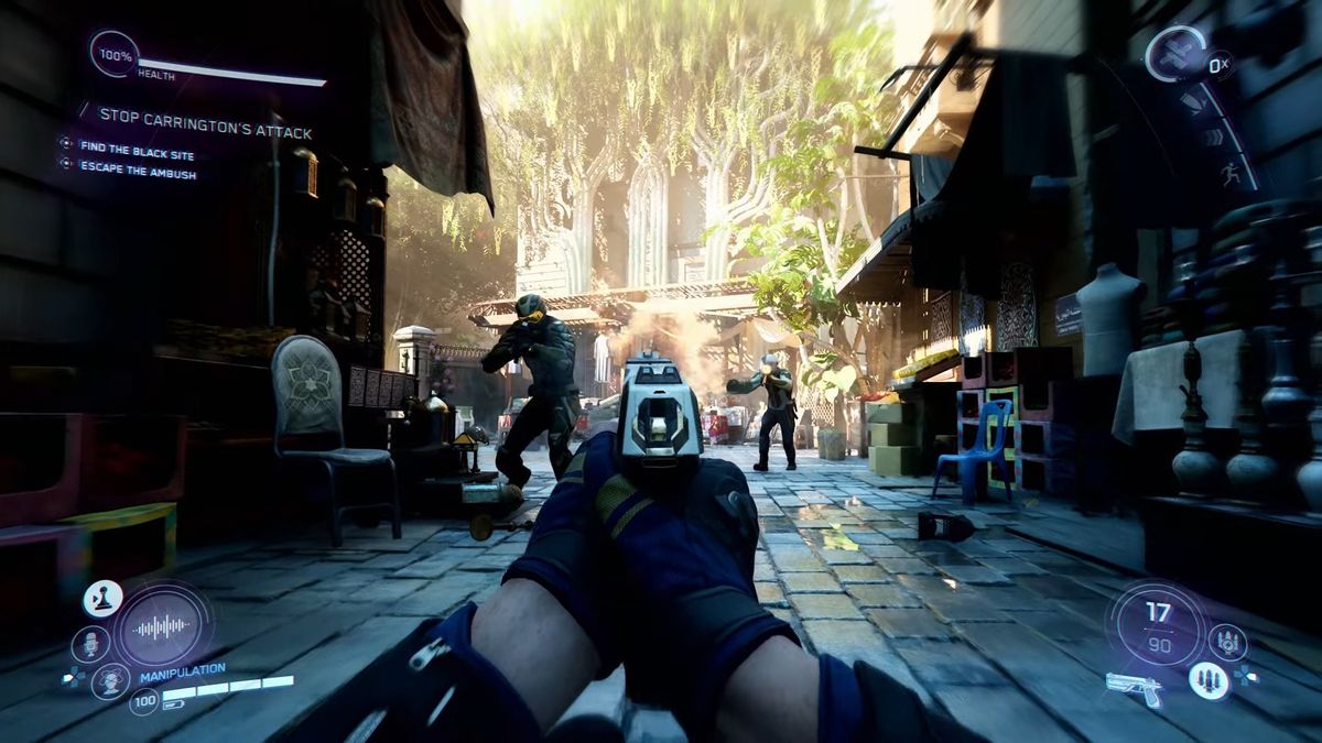 First-person shot of Joanna Dark shooting enemies in the Perfect Dark reboot trailer.