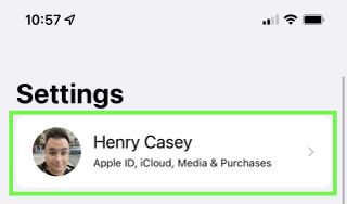 A green box highlights my Apple ID profile section in Settings