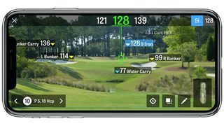 iPhone showing Golfshot's AR feature on a golf course