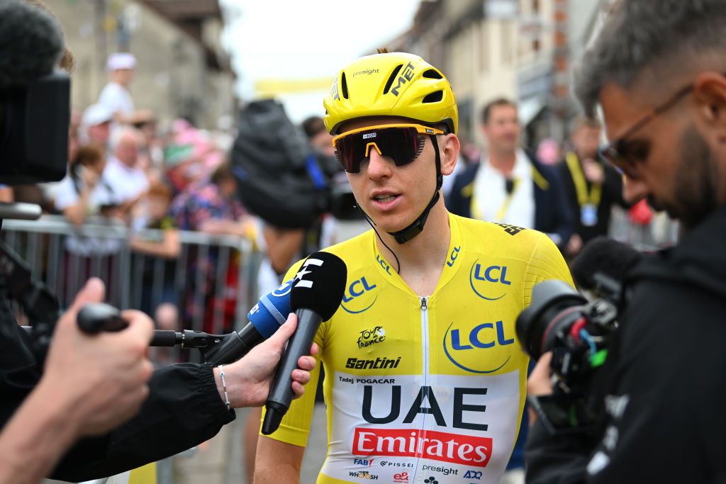 EVAUXLESBAINS FRANCE JULY 10 Tadej Pogacar of Slovenia and UAE Team Emirates Yellow Leader Jersey meets the media press prior to the 111th Tour de France 2024 Stage 11 a 211km stage from EvauxlesBains to Le Lioran UCIWT on July 10 2024 in EvauxlesBains France Photo by Dario BelingheriGetty Images