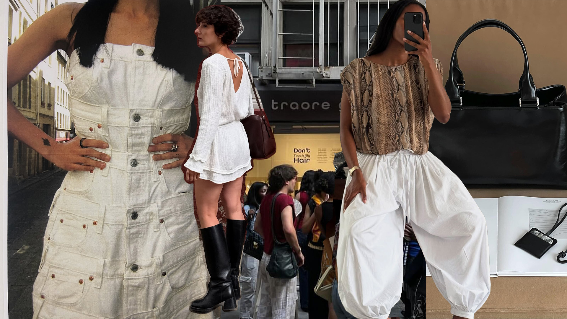 A woman wearing a denim dress. A woman wearing a white dress and black boots. A woman wearing large white pants and a croc print top