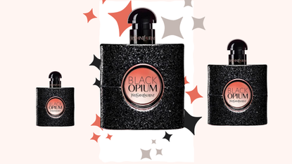 Three bottles of Black OPium in varying sizes with red and black stars dancing behins them as part of Cyber Monday Perfume Deals