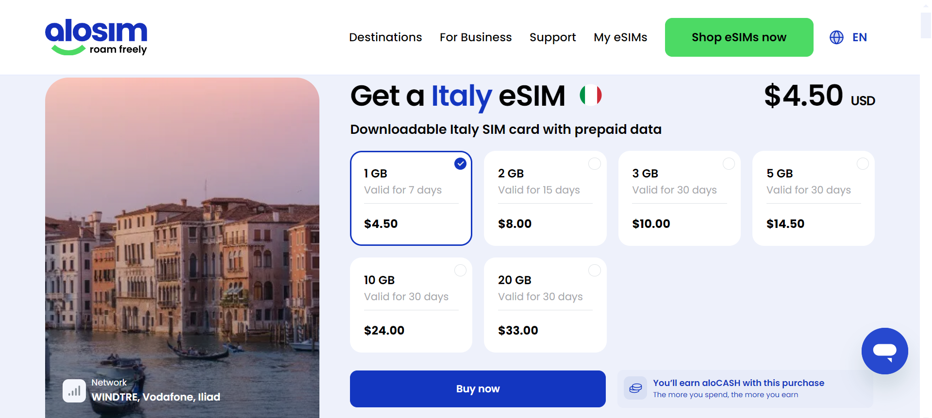 AloSIM Italian landing page