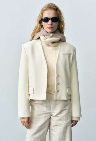 An image of a cropped jacket from Mango.