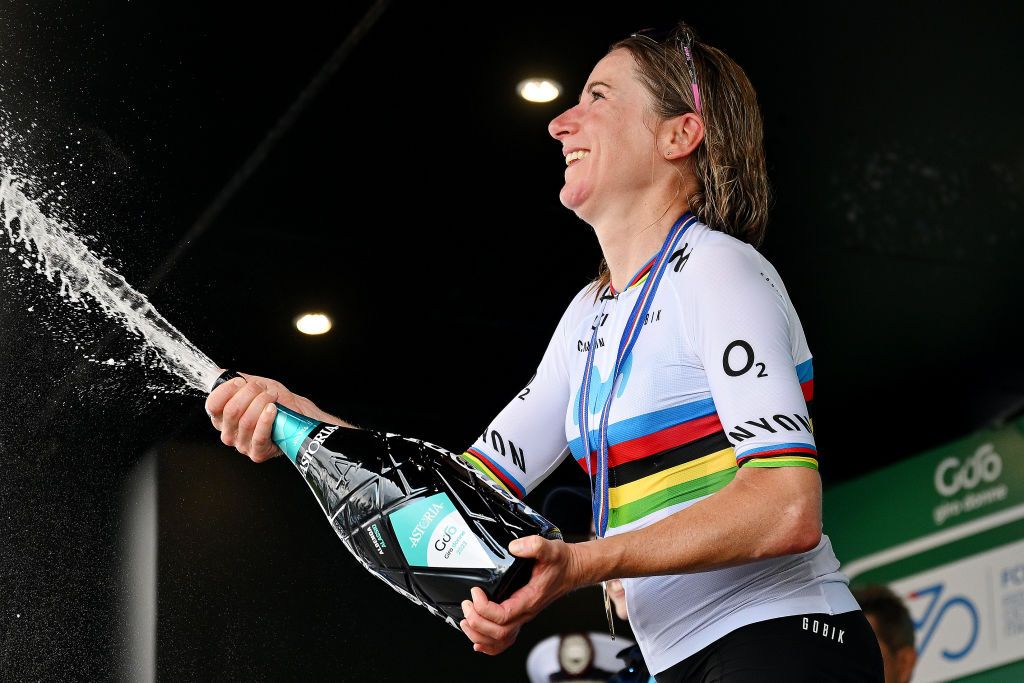 ALASSIO ITALY JULY 06 Annemiek Van Vleuten of The Netherlands and Movistar Team celebrates at podium as stage winner during the 34th Giro dItalia Donne 2023 Stage 7 a 1091km stage from Albenga to Alassio Santuario della Guardia 551m UCIWWT on July 06 2023 in Alassio Italy Photo by Dario BelingheriGetty Images