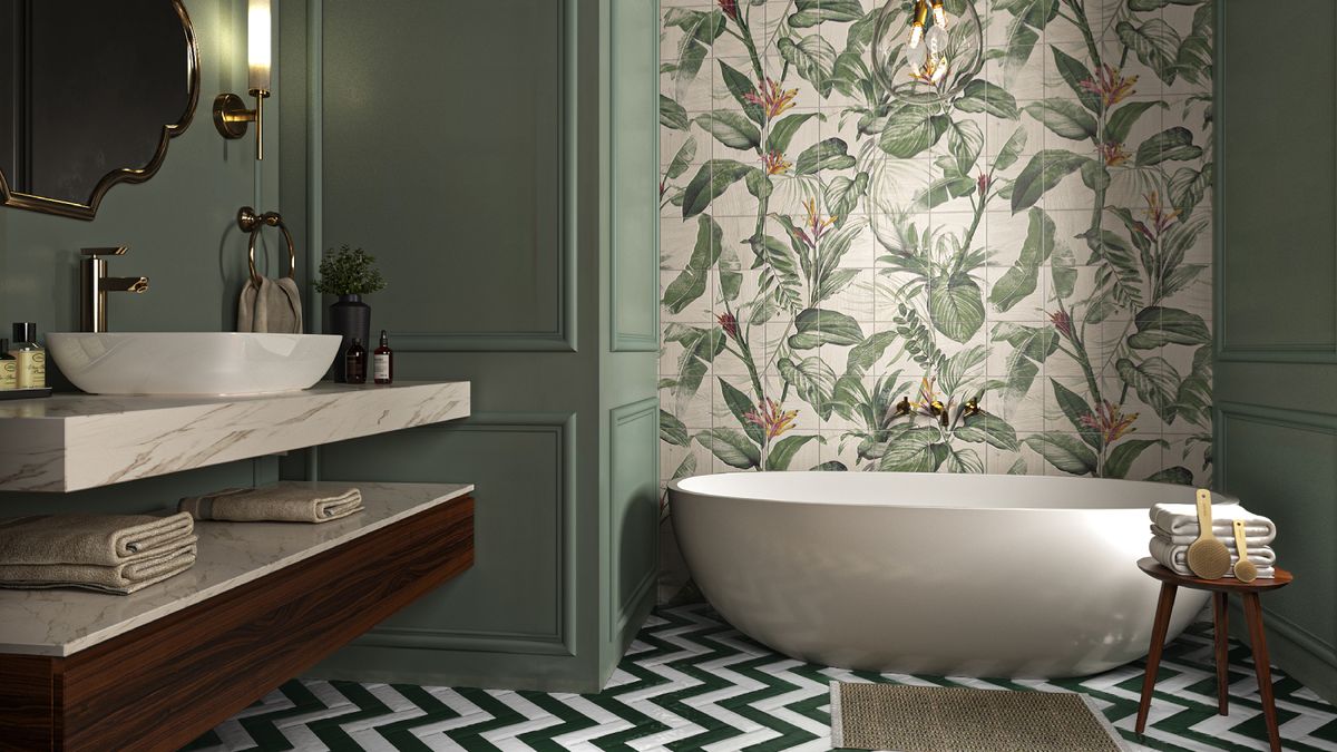 botanical mural on bathroom with green walls and freestanding white bath