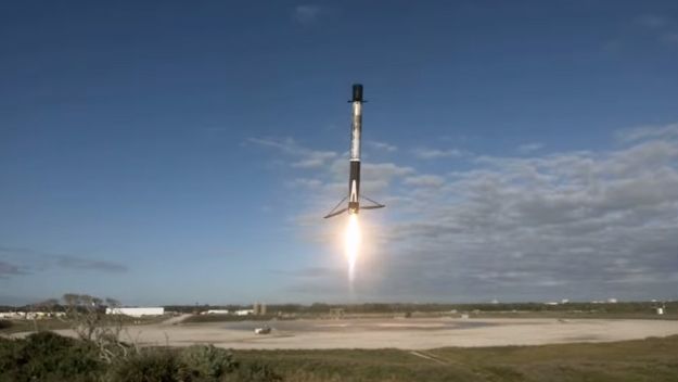 A view of the NROL-108 SpaceX Falcon 9 booster just before its successful landing.