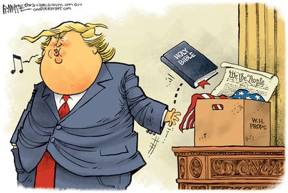 Political Cartoon U.S. Trump Bible photo op prop
