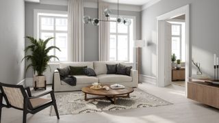 large living room with high ceilings and internal walls