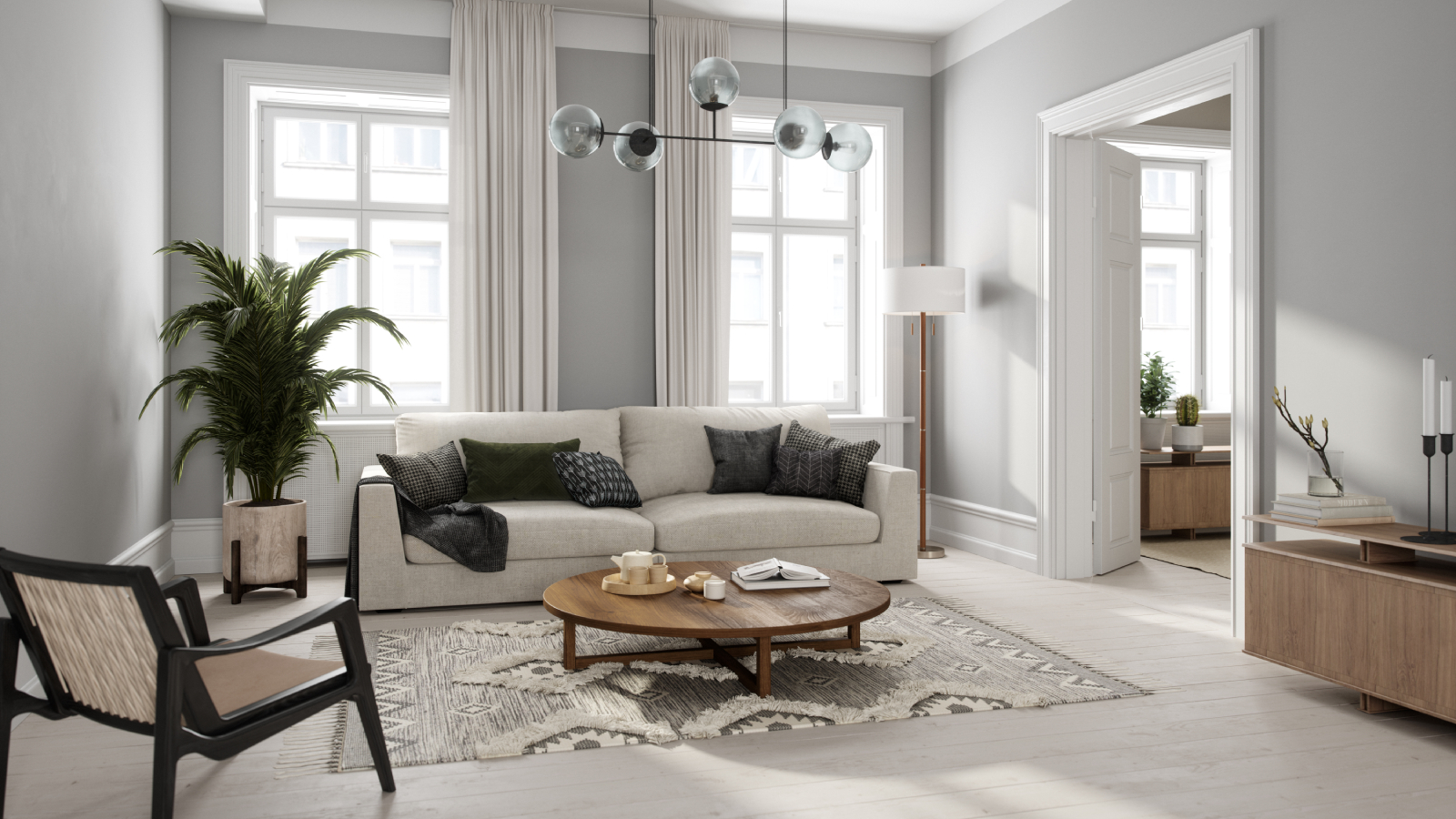 large living room with high ceilings and internal walls