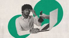 Photo collage of a man frowning at his laptop, from which a hand emerges holding a bag of dog poo