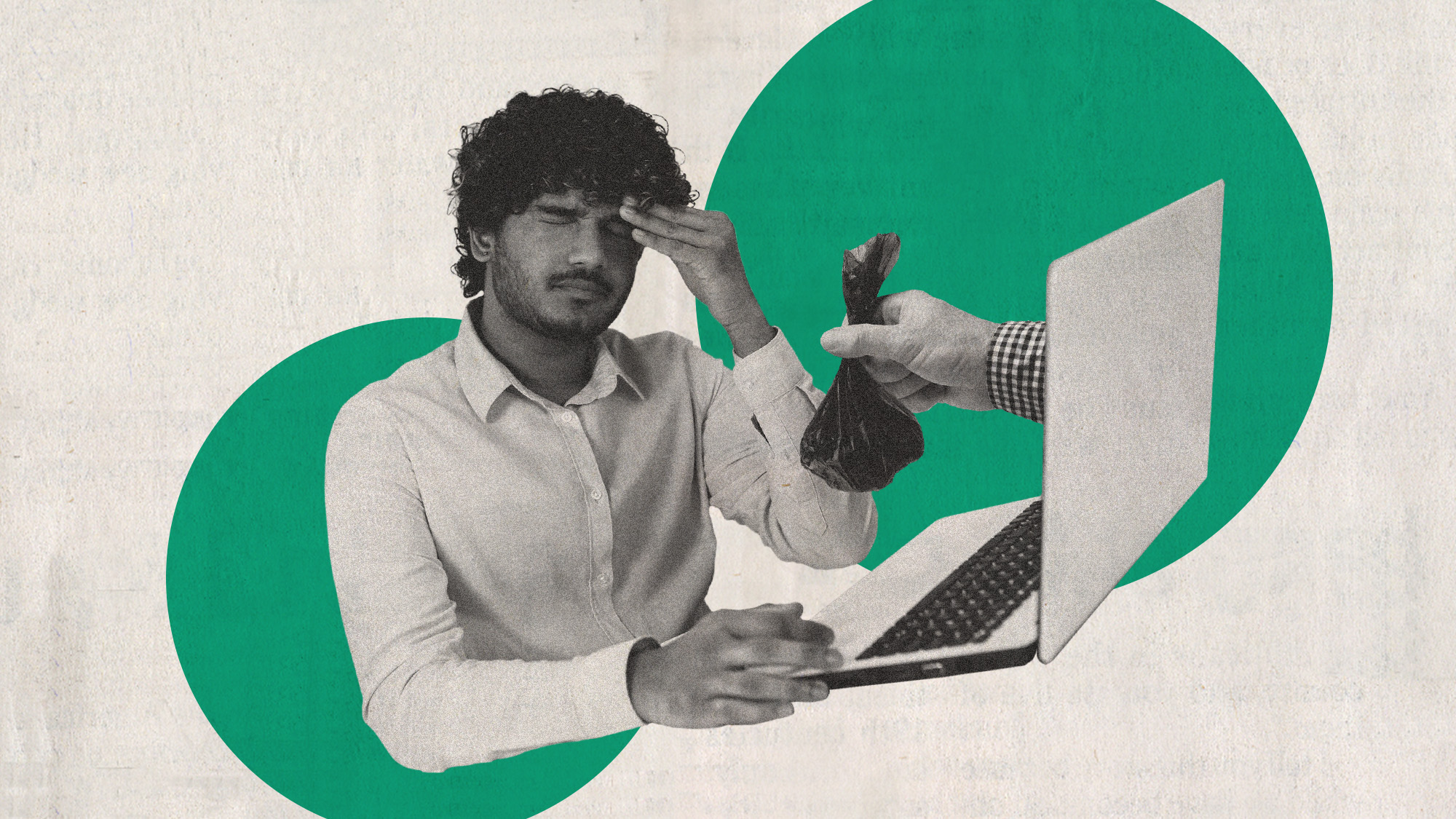 Photo collage of a man frowning at his laptop, from which a hand emerges holding a bag of dog poo