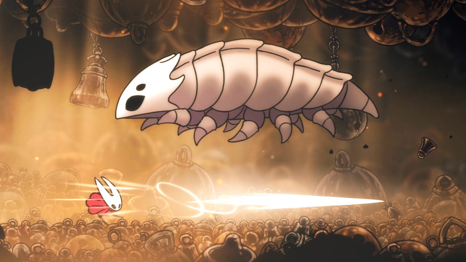 A gameplay screenshot of a boss fight in Hollow Knight: Silksong.
