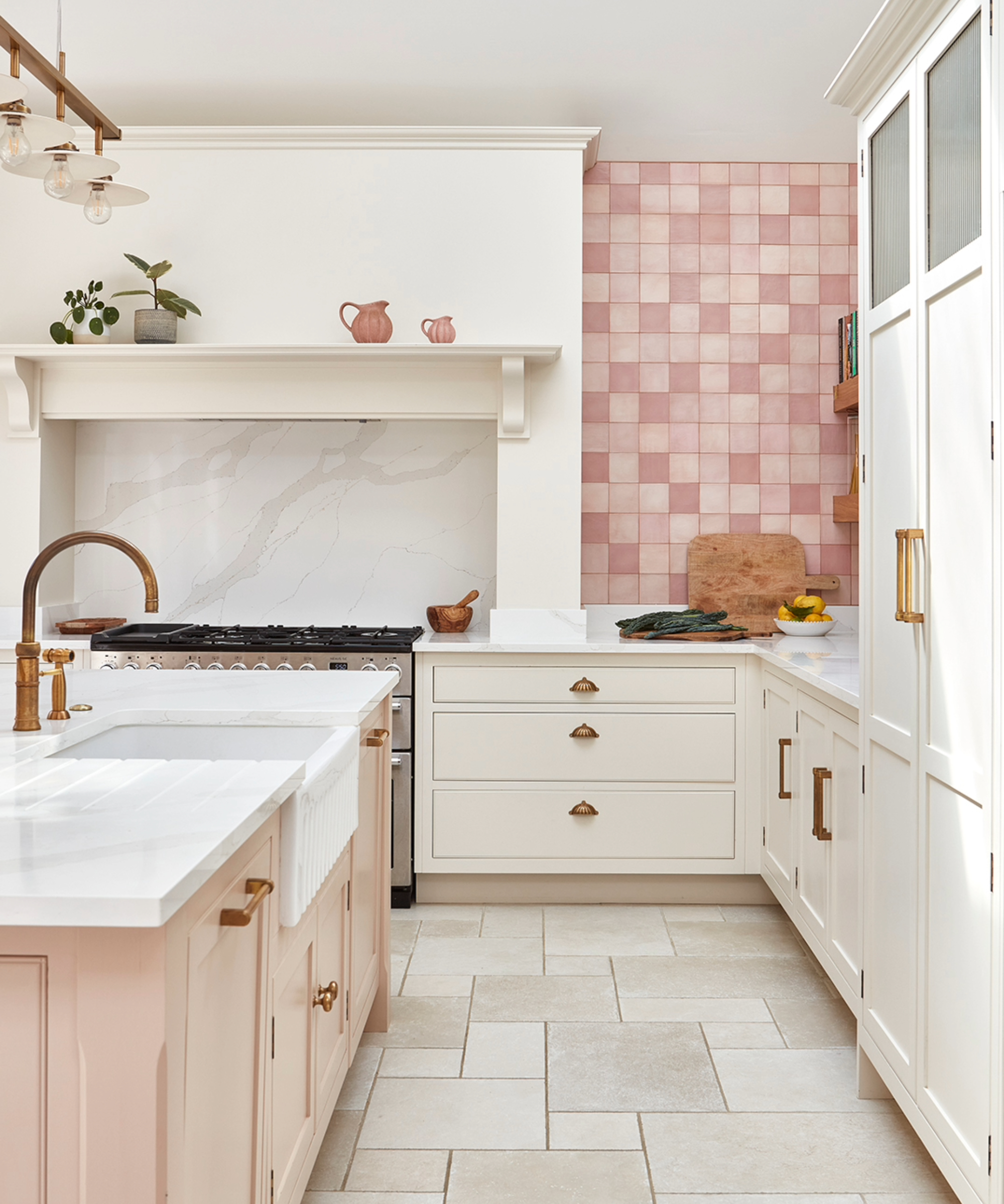 White kitchen with pink tiles