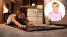 Woman doing stretches for sleep next to Annie Deadman headshot