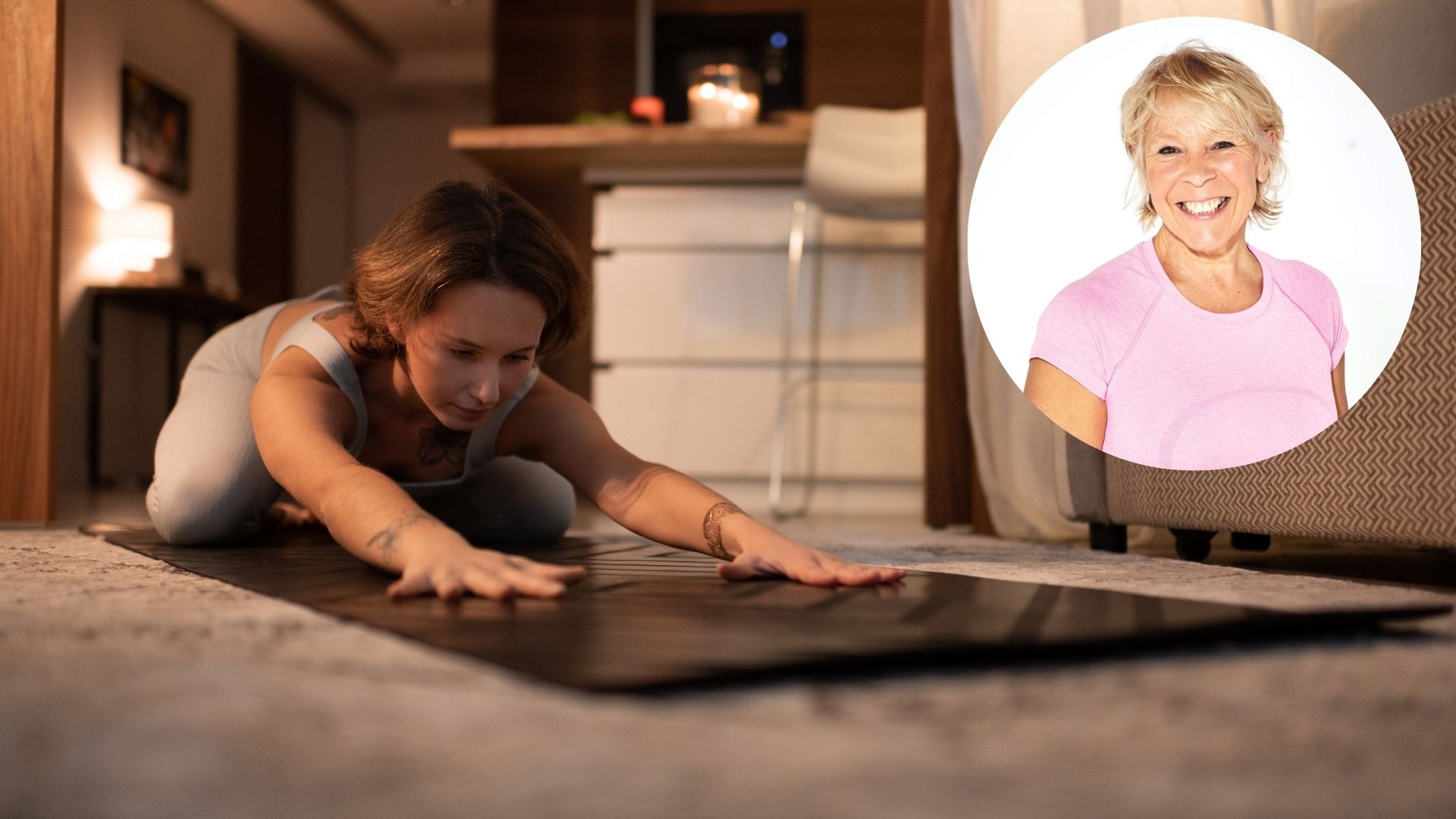 Woman doing stretches for sleep next to Annie Deadman headshot