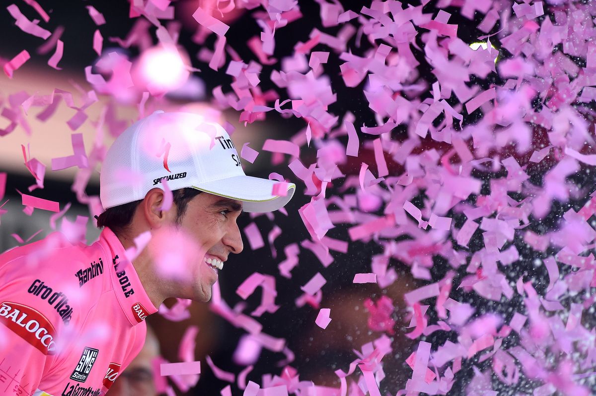 Alberto Contador in pink after his 2015 Giro win