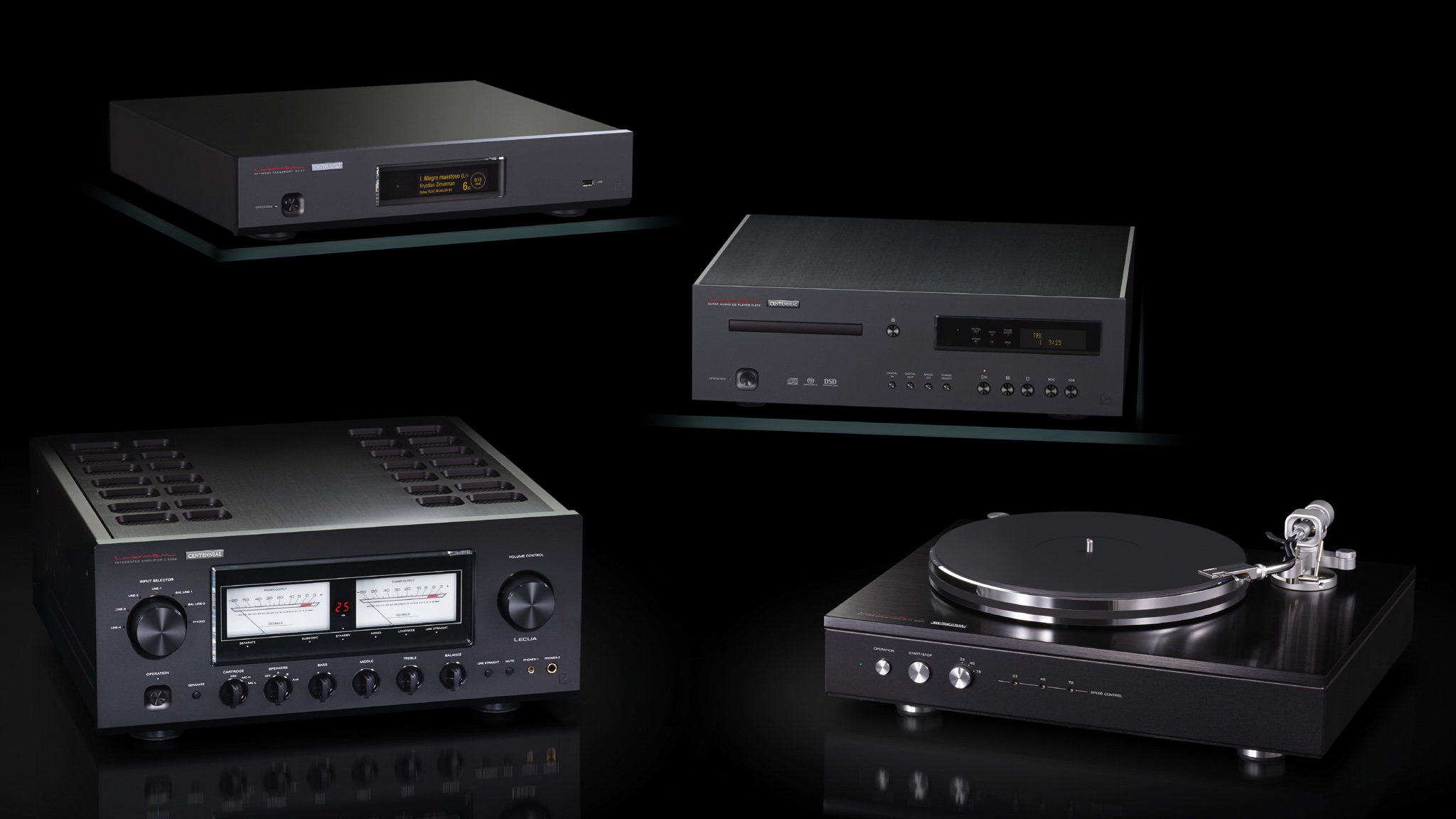 Luxman Centennial Black Edition: four hi-fi components in a black finish on a black background