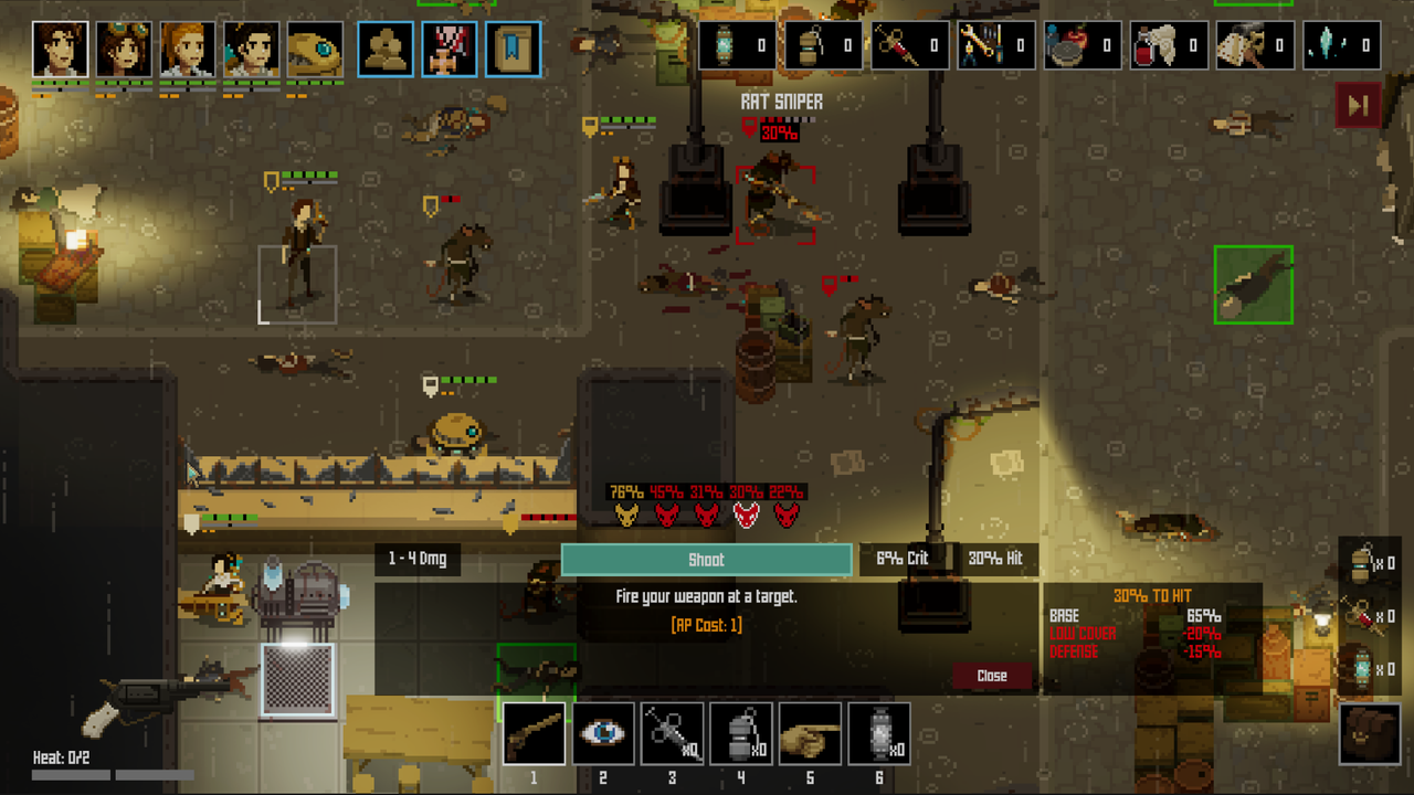 Image from videogame Shardpunk Verminfall. Pixelated heroes battle with humanoid rats.