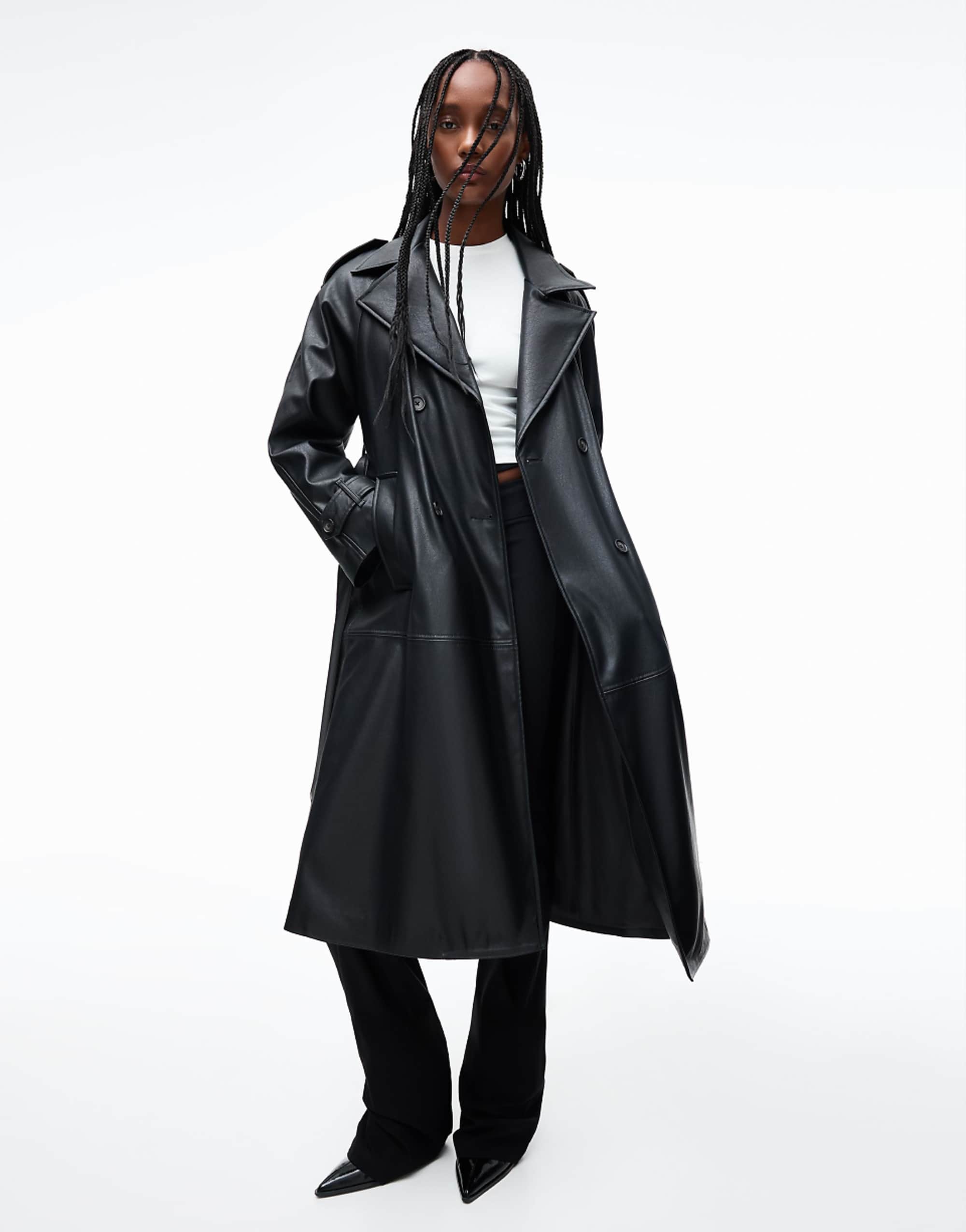 Bershka Faux Leather Trench Coat in Black