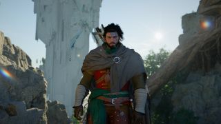 Crimson Desert Precipice of Truth: Kliff standing on a sky island with the sun beaming down on him.