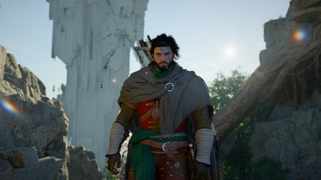 Crimson Desert Precipice of Truth: Kliff standing on a sky island with the sun beaming down on him.