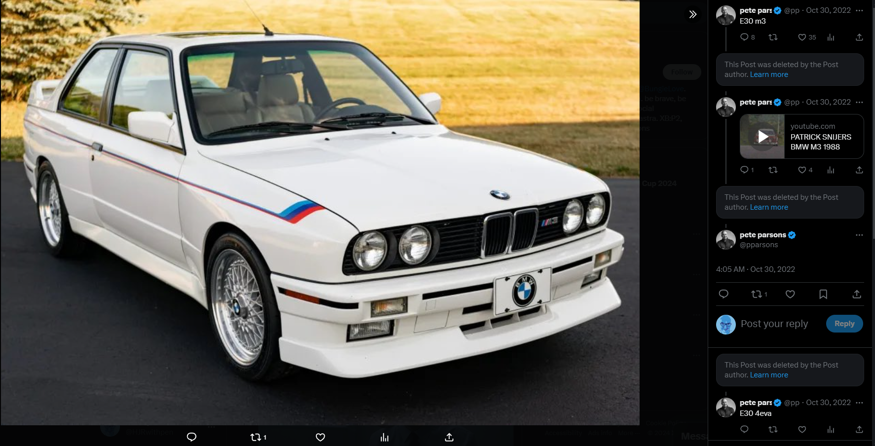 A photo of a 38k-Mile 1990 BMW M3 sold on $180,000 on October 6, 2022 on bringatrailer.com, next to a collection of tweets - some deleted - from the CEO of Bungie Pete Parsons.