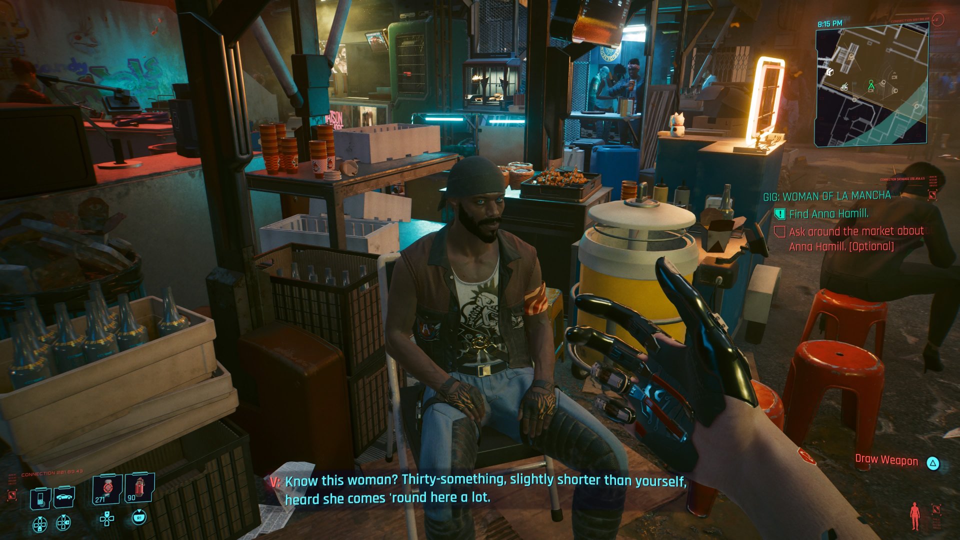 Cyberpunk 2077 screenshot of V asking a nomad in Kubuki market if he's seen Anna Hamill during the gig Woman of La Mancha
