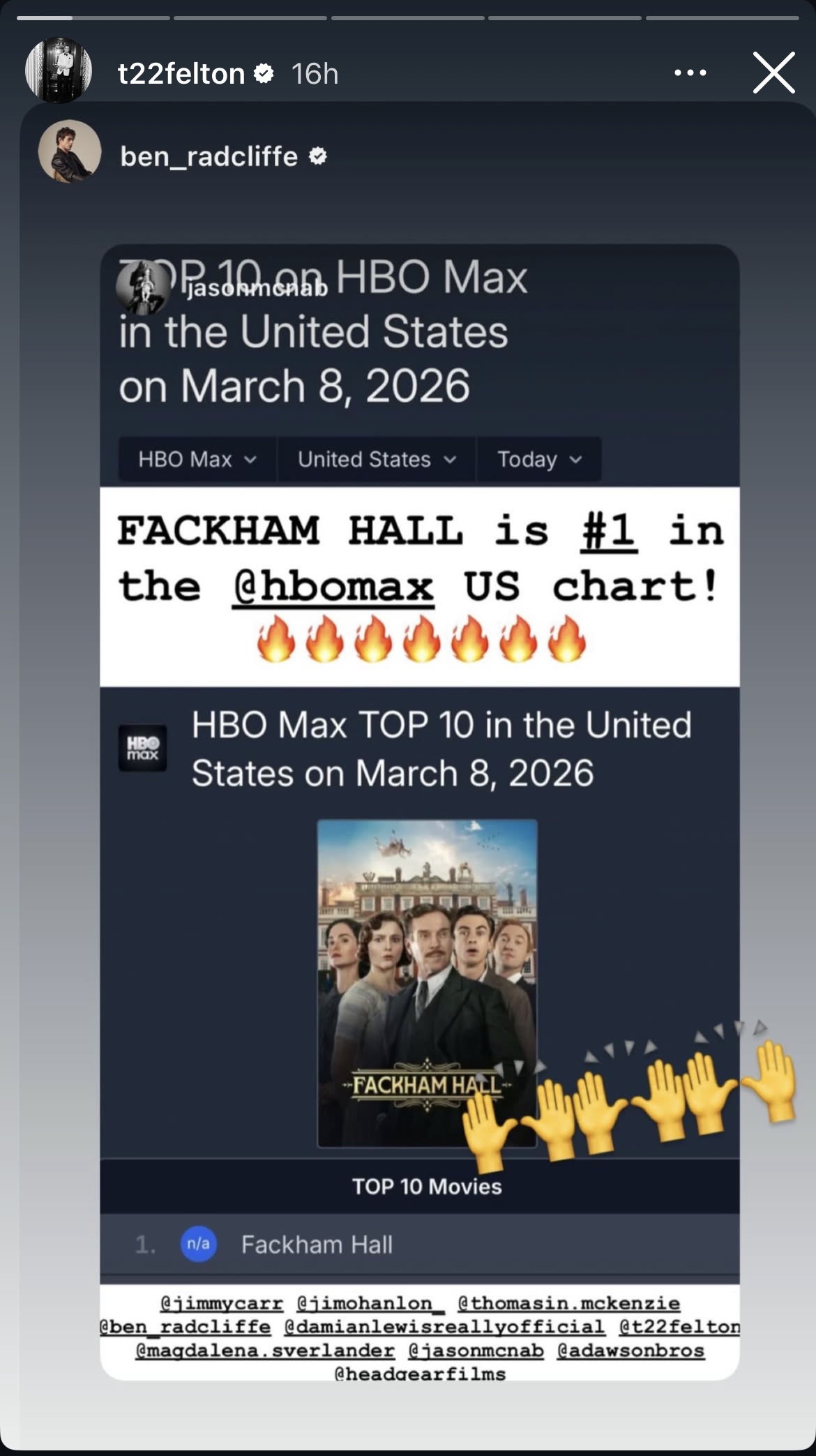 Picture of Tom Felton's Instagram story celebrating Fackham Hall topping the HBO streaming charts in the U.S.