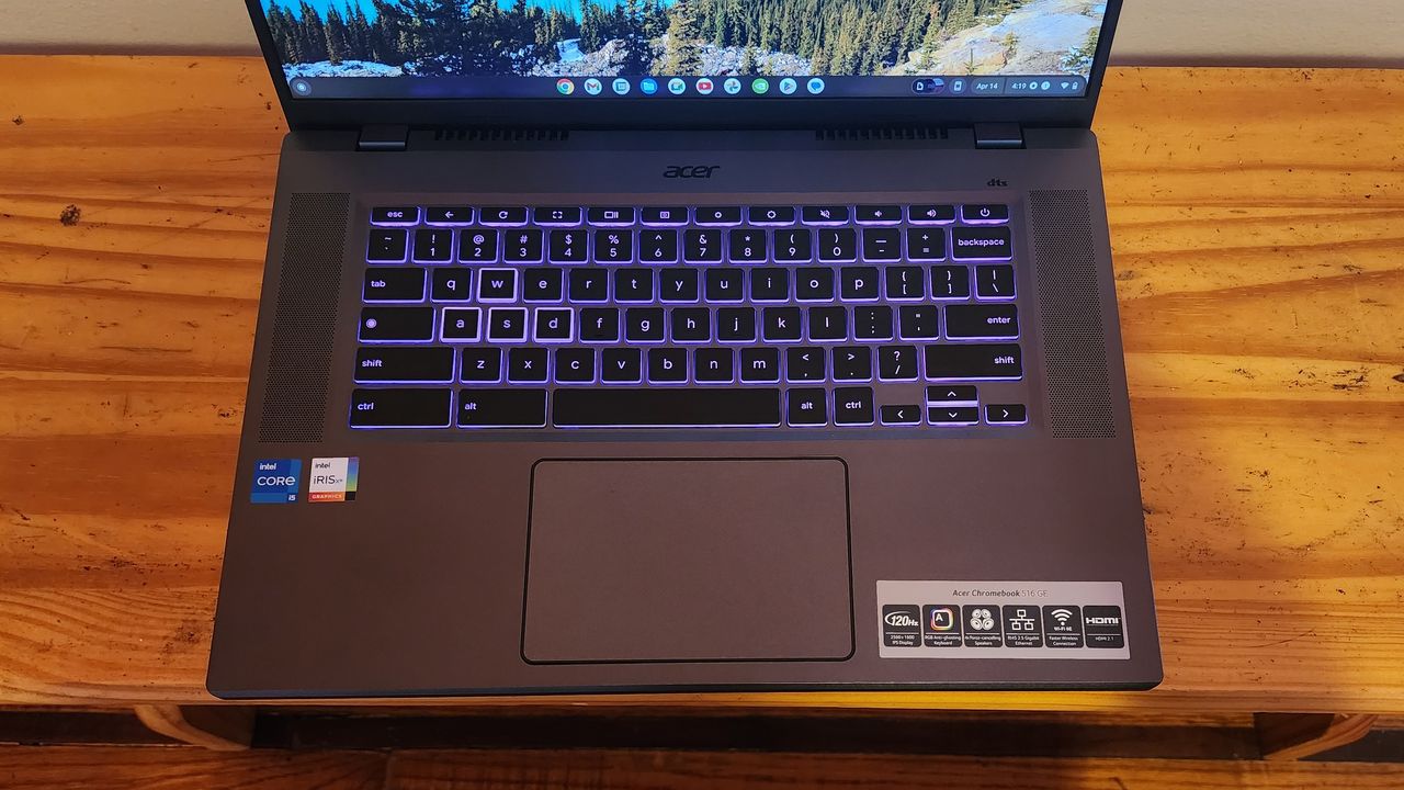A top-down angle of the Acer Chromebook 516 GE's RGB keyboard and touchpad.