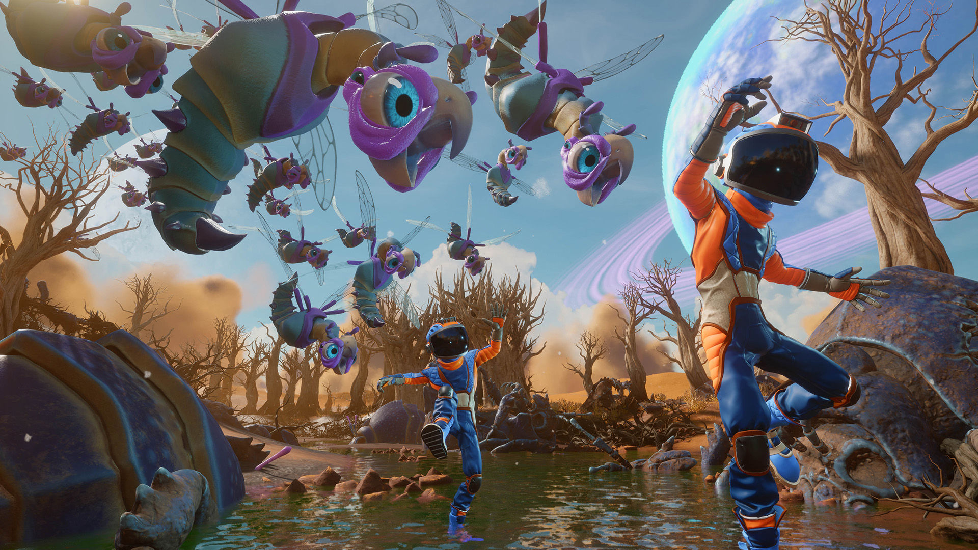 A swarm of bee creatures attack two players in Revenge of the Savage Planet's swamp biome