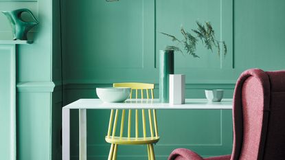 Little Greene painted office with turquoise paint 