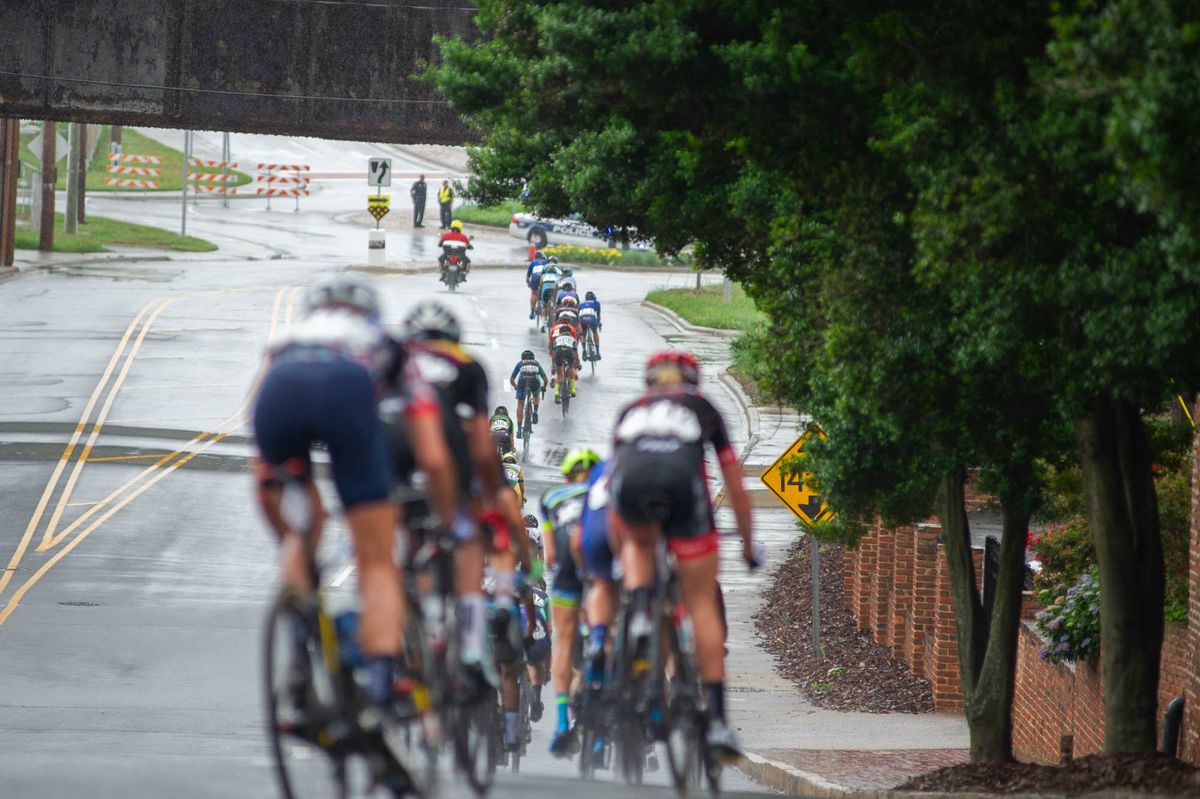 The women go single file during the road race at the Winston-Salem Cycling Classic